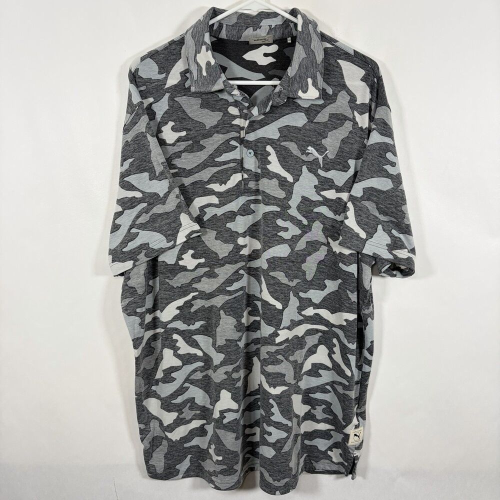 Puma Golf Polo Shirt Mens Size XL Gray White Camouflage Performance Camo SS